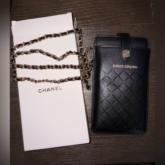 CHANEL Accessories - Black faux leather Phone Pouch with Gold & black mix chain